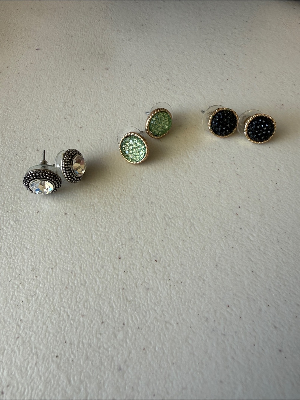 Crystal and Bead Stud Earring Trio - Clear, Green, Black